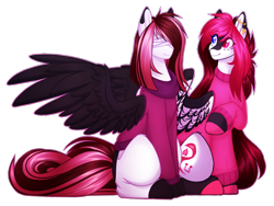 Size: 1600x1200 | Tagged: safe, artist:purplegrim40, imported from derpibooru, oc, oc only, oc:chelsi, pegasus, pony, bandage, clothes, duo, ear piercing, heterochromia, one wing out, pegasus oc, piercing, raised hoof, simple background, smiling, transparent background, wings
