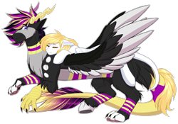 Size: 2000x1400 | Tagged: safe, artist:purplegrim40, imported from derpibooru, oc, oc only, draconequus, hybrid, pegasus, pony, draconequus oc, duo, eyes closed, pegasus oc, riding, simple background, sleeping, transparent background, wings