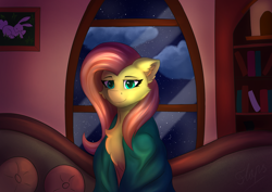 Size: 4959x3508 | Tagged: safe, artist:flapstune, imported from derpibooru, angel bunny, fluttershy, pegasus, pony, book, bookshelf, cheek fluff, chest fluff, cloud, couch, cute, ear fluff, female, fluffy, looking at you, mare, painting, pillow, plaid, shyabetes, signature, sitting, smiling, solo, window