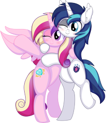 Size: 6929x8057 | Tagged: safe, artist:cyanlightning, imported from derpibooru, princess cadance, shining armor, alicorn, pony, unicorn, .svg available, absurd resolution, bipedal, blushing, canterlot wedding 10th anniversary, cute, ear fluff, female, hug, male, mare, missing accessory, one eye closed, shiningcadance, shipping, simple background, smiling, spread wings, stallion, straight, transparent background, vector, wings, wink