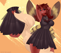 Size: 3000x2580 | Tagged: safe, alternate version, artist:xjenn9, imported from derpibooru, oc, oc only, oc:flechette, anthro, changeling, insect, moth, mothling, original species, arm behind head, bedroom eyes, breasts, busty oc, clothes, commission, cute, dress, grin, looking at you, red changeling, smiling, solo, species swap, ych result