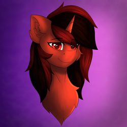 Size: 4800x4800 | Tagged: safe, artist:flapstune, imported from derpibooru, oc, oc only, oc:flaps tune, pony, unicorn, absurd resolution, bust, chest fluff, ear fluff, eye clipping through hair, eyebrows, eyebrows visible through hair, female, gradient background, horn, looking at you, mare, red eyes, smiling, smiling at you, solo, unicorn oc