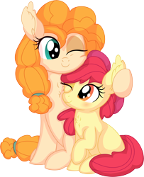 Size: 6480x7987 | Tagged: safe, artist:cyanlightning, imported from derpibooru, apple bloom, pear butter, earth pony, pony, .svg available, absurd resolution, apple bloom's bow, bow, duo, eyes closed, female, filly, foal, hair bow, holding, hug, mare, mother and child, mother and daughter, motherly, simple background, sitting, transparent background, vector