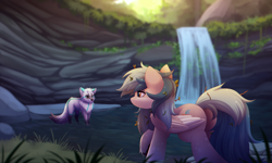 Size: 2000x1200 | Tagged: safe, artist:dinoalpaka, imported from derpibooru, oc, oc only, oc:glacial scratch, oc:peacher, pegasus, pony, wolf, butt, chest fluff, commission, female, male, mare, oc x oc, plot, shipping, waterfall, wings