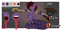 Size: 4096x2048 | Tagged: safe, alternate version, artist:darbedarmoc, imported from derpibooru, oc, lamia, original species, pony, snake, snake pony, axe, hand, long tongue, looking at you, male, reference sheet, smiling, solo, tongue out, waving, weapon