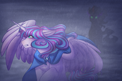 Size: 1800x1200 | Tagged: safe, artist:purplegrim40, imported from derpibooru, king sombra, princess flurry heart, alicorn, pony, clothes, duo, female, male, mare, older, older flurry heart, outdoors, stallion, story included