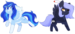 Size: 3000x1370 | Tagged: safe, artist:purplegrim40, imported from derpibooru, oc, oc only, oc:azure, oc:cloudy night, pegasus, pony, coat markings, duo, female, floppy ears, mare, one eye closed, pegasus oc, simple background, smiling, socks (coat markings), transparent background, wings, wink