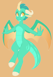 Size: 1884x2752 | Tagged: safe, artist:purplegrim40, imported from derpibooru, oc, oc only, anthro, hybrid, unguligrade anthro, brown background, curved horn, female, horn, interspecies offspring, offspring, parent:princess ember, parent:thorax, parents:embrax, simple background, solo, wings