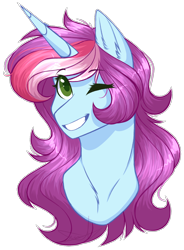 Size: 1278x1738 | Tagged: safe, artist:purplegrim40, imported from derpibooru, oc, oc only, pony, unicorn, bust, ear fluff, female, grin, horn, mare, one eye closed, simple background, smiling, solo, transparent background, unicorn oc, wink