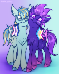 Size: 1600x2000 | Tagged: safe, artist:shad0w-galaxy, imported from derpibooru, oc, oc only, oc:ruffled quill, oc:shadow galaxy, pegasus, pony, bisexual pride flag, chest fluff, couple, cute, ear fluff, ethereal mane, female, fluffy, folded wings, glasses, gradient background, gradient hooves, gradient mane, male, mare, pansexual pride flag, pride, pride flag, pride month, simple background, stallion, starry eyes, starry mane, unshorn fetlocks, wing fluff, wingding eyes, wings