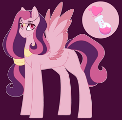 Size: 2973x2917 | Tagged: safe, artist:purplegrim40, imported from derpibooru, oc, oc only, pegasus, pony, colored wings, female, magical lesbian spawn, mare, offspring, parent:princess cadance, parent:somnambula, pegasus oc, peytral, purple background, simple background, smiling, two toned wings, wings