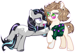 Size: 1600x1143 | Tagged: safe, artist:toffeelavender, imported from derpibooru, oc, oc only, earth pony, pony, base used, clothes, duo, ear piercing, earth pony oc, female, fishnets, makeup, male, mare, obtrusive watermark, piercing, raised hoof, running makeup, simple background, stallion, sunglasses, transparent background, watermark