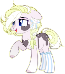 Size: 1920x2180 | Tagged: safe, artist:toffeelavender, imported from derpibooru, oc, oc only, earth pony, pony, base used, bow, braid, clothes, earth pony oc, female, hair bow, mare, nose piercing, nose ring, piercing, raised hoof, simple background, smiling, socks, solo, striped socks, transparent background
