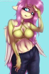 Size: 1000x1500 | Tagged: safe, alternate version, artist:shad0w-galaxy, imported from derpibooru, fluttershy, anthro, pegasus, belly button, blushing, breasts, busty fluttershy, cleavage fluff, clothes, cute, ear fluff, female, floppy ears, mare, open mouth, pants, shyabetes, simple background, solo, sweater, wings