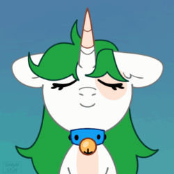 Size: 560x560 | Tagged: safe, artist:sugarstar, imported from derpibooru, oc, oc only, oc:sugarstar, pony, unicorn, animated, bell, bell collar, blue background, bust, collar, eyes closed, female, floppy ears, front view, gif, horn, loop, mare, party soft, signature, simple background, smiling, solo, unicorn oc, vibing