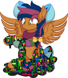 Size: 6137x7052 | Tagged: safe, artist:cyanlightning, imported from derpibooru, oc, oc only, oc:solar comet, pegasus, pony, .svg available, absurd resolution, bow, ear fluff, error, femboy, glitch, male, pibby, simple background, solo, transparent background, vector