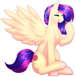 Size: 2488x2504 | Tagged: safe, artist:purplegrim40, imported from derpibooru, oc, oc only, pegasus, pony, colored hooves, cute, eating, food, herbivore, licking, licking lips, pegasus oc, simple background, solo, strawberry, tongue out, transparent background, wings