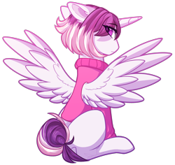 Size: 2668x2515 | Tagged: safe, artist:purplegrim40, imported from derpibooru, oc, oc only, alicorn, pony, alicorn oc, clothes, eye clipping through hair, horn, looking back, simple background, solo, spread wings, transparent background, wings