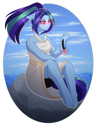 Size: 2335x3082 | Tagged: safe, artist:purplegrim40, imported from derpibooru, oc, oc only, anthro, siren, unguligrade anthro, bare shoulders, clothes, female, jewelry, necklace, outdoors, simple background, siren oc, sitting, sleeveless, transparent background