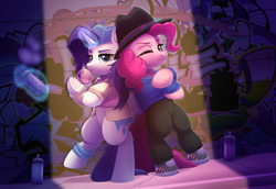 Size: 2474x1699 | Tagged: safe, artist:dinoalpaka, imported from derpibooru, pinkie pie, rarity, earth pony, pony, unicorn, alternate hairstyle, bipedal, bubblegum, clothes, disguise, duo, duo female, female, food, glow, glowing horn, graffiti, gum, hat, horn, looking at you, magic, magic aura, mare, one eye closed, plainity, rapper pie, shoes, spray paint, telekinesis