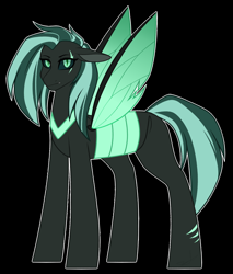 Size: 1278x1500 | Tagged: safe, artist:purplegrim40, imported from derpibooru, oc, oc only, changepony, hybrid, black background, crack ship offspring, eye scar, green changeling, interspecies offspring, offspring, parent:queen chrysalis, parent:sky stinger, scar, simple background, solo