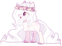 Size: 1920x1412 | Tagged: safe, artist:toffeelavender, imported from derpibooru, oc, oc only, earth pony, pony, base used, earth pony oc, female, floral head wreath, flower, heart, heart eyes, mare, raised hoof, simple background, solo, transparent background, unshorn fetlocks, wingding eyes