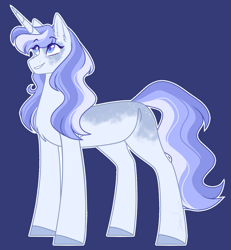 Size: 1203x1300 | Tagged: safe, artist:purplegrim40, imported from derpibooru, oc, oc only, pony, unicorn, blue background, colored hooves, female, grin, horn, mare, parent:princess luna, parent:shining armor, simple background, smiling, solo, unicorn oc