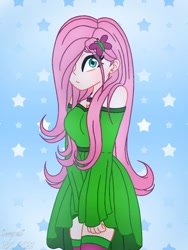 Size: 768x1024 | Tagged: safe, artist:bloodyneckdemon, imported from derpibooru, fluttershy, human, breasts, busty fluttershy, cleavage, clothes, dress, female, hair over one eye, humanized, jewelry, necklace, solo, stars, stockings, thigh highs