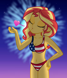 Size: 1024x1194 | Tagged: safe, artist:emeraldblast63, imported from derpibooru, sunset shimmer, human, equestria girls, 4th of july, american flag, american flag bikini, amerisunset, bare shoulders, belly button, bikini, blowing a kiss, breasts, busty sunset shimmer, clothes, eyes closed, female, fireworks, holiday, legs together, sleeveless, solo, swimsuit