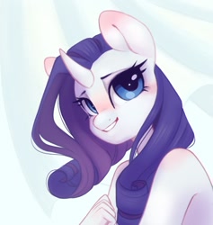 Size: 1002x1055 | Tagged: safe, artist:melodylibris, imported from derpibooru, rarity, anthro, unicorn, bare shoulder portrait, bare shoulders, blushing, bust, ear blush, female, grin, implied nudity, looking at you, mare, portrait, smiling, smiling at you, solo