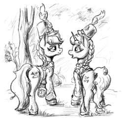 Size: 1000x1000 | Tagged: safe, artist:clarkeotterton, imported from derpibooru, oc, oc only, earth pony, pony, unicorn, fallout equestria, fanfic:dawn's candor, butt, dock, plot, tail, traditional art