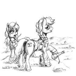 Size: 1000x1000 | Tagged: safe, artist:clarkeotterton, imported from derpibooru, oc, oc only, earth pony, pony, unicorn, fallout equestria, fanfic:dawn's candor, butt, plot, traditional art