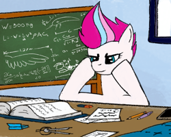 Size: 2000x1600 | Tagged: safe, artist:harleneap, imported from derpibooru, zipp storm, pegasus, pony, book, chalkboard, female, g5, mare, paper, pen, pencil, phone, solo, studying