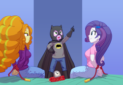 Size: 3475x2400 | Tagged: safe, artist:carnifex, imported from derpibooru, adagio dazzle, rarity, spike, human, equestria girls, arm behind back, babysitting, batman, bondage, bound wrists, clothes, costume, dc comics, human spike, jump rope, smiling, tied up, unsexy bondage