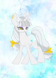 Size: 654x900 | Tagged: safe, artist:stacy_165cut, imported from derpibooru, oc, oc:snow blossom, pony, unicorn, abstract background, ear piercing, earring, female, horn, jewelry, mare, piercing, smiling, solo, unicorn oc