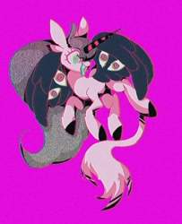 Size: 960x1180 | Tagged: safe, artist:stacy_165cut, imported from derpibooru, oc, oc only, alicorn, pony, alicorn oc, eyes do not belong there, female, horn, leonine tail, mare, open mouth, partially open wings, pink background, simple background, solo, tail, tongue out, wings