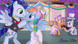 Size: 1280x720 | Tagged: safe, artist:mlplary6, imported from derpibooru, rainbow dash, rumble, scootaloo, soarin', pegasus, pony, blushing, bride, clothes, colt, dancing, dress, female, filly, floral head wreath, flower, flower filly, flower girl, flower girl dress, foal, groom, looking at each other, looking at someone, male, mare, marriage, ponyville town hall, rumbloo, shipping, smiling, smiling at each other, soarindash, stallion, straight, teenager, wedding, wedding dress