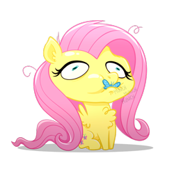 Size: 700x700 | Tagged: safe, artist:wispy tuft, imported from derpibooru, fluttershy, butterfly, pegasus, pony, chest fluff, cross-eyed, eating, head empty, headphone dent, horses doing horse things, messy mane, simple background, solo, transparent background