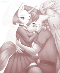 Size: 1052x1280 | Tagged: safe, artist:blueomlette, imported from derpibooru, oc, oc only, anthro, pegasus, unicorn, bedroom eyes, clothes, comic, cuddling, digital art, duo, female, horn, looking at each other, looking at someone, male, monochrome, oc x oc, one eye closed, pants, romantic, shipping, shirt, side view, skirt, stockings, straight, tail, thigh highs, wings, zoom layer