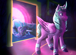 Size: 2124x1527 | Tagged: safe, artist:arky2000, imported from derpibooru, opaline arcana, alicorn, pony, unicorn, spoiler:g5, spoiler:my little pony: make your mark, bowing, duo, female, g5, mare, misty brightdawn