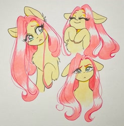 Size: 2014x2048 | Tagged: safe, artist:cherubisous, imported from derpibooru, fluttershy, pegasus, pony, :<, bust, chest fluff, confused, cute, ear fluff, female, floppy ears, looking at you, mare, shyabetes, smiling, solo, traditional art