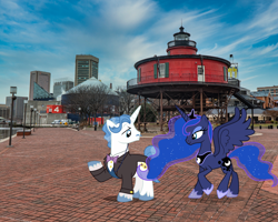 Size: 1920x1536 | Tagged: safe, artist:dashiesparkle, artist:mlplover94, imported from derpibooru, fancypants, princess luna, alicorn, pony, unicorn, baltimore, crown, female, hoof shoes, irl, jewelry, male, mare, maryland, photo, ponies in real life, raised hoof, regalia, stallion