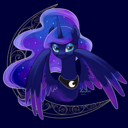 Size: 4000x4000 | Tagged: safe, artist:homeofphoenix, artist:wutongtree, imported from derpibooru, princess luna, alicorn, pony, blue background, ethereal hair, ethereal mane, eyeshadow, female, illustration, lidded eyes, looking at you, makeup, mare, peytral, simple background, solo, starry hair, starry mane