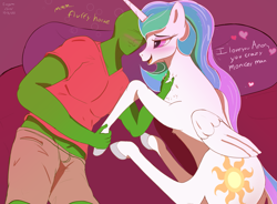 Size: 2505x1843 | Tagged: safe, artist:enonnnymous, imported from derpibooru, princess celestia, oc, oc:anon, alicorn, human, pony, series:anon loves celestia, /sun/, blushing, chest fluff, clothes, dialogue, drunk, female, heart, heart eyes, holding hooves, human on pony snuggling, i love you, looking at each other, looking at someone, lying down, mare, on side, open mouth, open smile, shirt, shorts, smiling, snuggling, wingding eyes