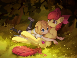 Size: 1920x1448 | Tagged: safe, artist:emeraldgalaxy, imported from derpibooru, apple bloom, oc, oc:fears, earth pony, human, pony, adorabloom, blushing, butt, clothes, cute, dock, dress, female, filly, foal, hug, lying down, plot, smiling, tail