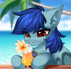 Size: 2342x2272 | Tagged: safe, artist:airiniblock, imported from derpibooru, oc, oc only, oc:lunar dusk, bat pony, pony, unicorn, beach, chest fluff, cocktail, commission, drink, drinking straw, ear fluff, eye clipping through hair, flower, icon, ocean, palm tree, solo, tree, water, ych result