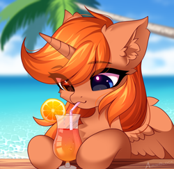 Size: 2342x2272 | Tagged: safe, artist:airiniblock, imported from derpibooru, oc, oc only, alicorn, pony, unicorn, alcohol, alicorn oc, chest fluff, cocktail, commission, drink, ear fluff, eye clipping through hair, female, food, heterochromia, horn, icon, ocean, orange, palm tree, solo, tree, water, wings, ych result