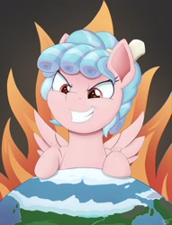 Size: 1912x2500 | Tagged: safe, artist:arcane-thunder, imported from derpibooru, cozy glow, pegasus, pony, atg 2022, earth, evil grin, female, filly, foal, grin, newbie artist training grounds, smiling, solo, spread wings, wings