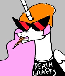 Size: 600x700 | Tagged: safe, artist:swagstapiece, imported from derpibooru, princess celestia, alicorn, pony, beanie, clothes, death grips, female, hat, parody, pencil, pink-mane celestia, shirt, simple background, solo, sunglasses, t-shirt