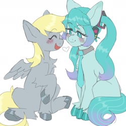 Size: 1800x1800 | Tagged: safe, artist:exxi00, imported from derpibooru, derpy hooves, earth pony, pegasus, pony, anime, crossover, crossover shipping, derpymiku, duo, female, hatsune miku, headphones, lesbian, necktie, ponified, shipping, simple background, unshorn fetlocks, vocaloid, white background